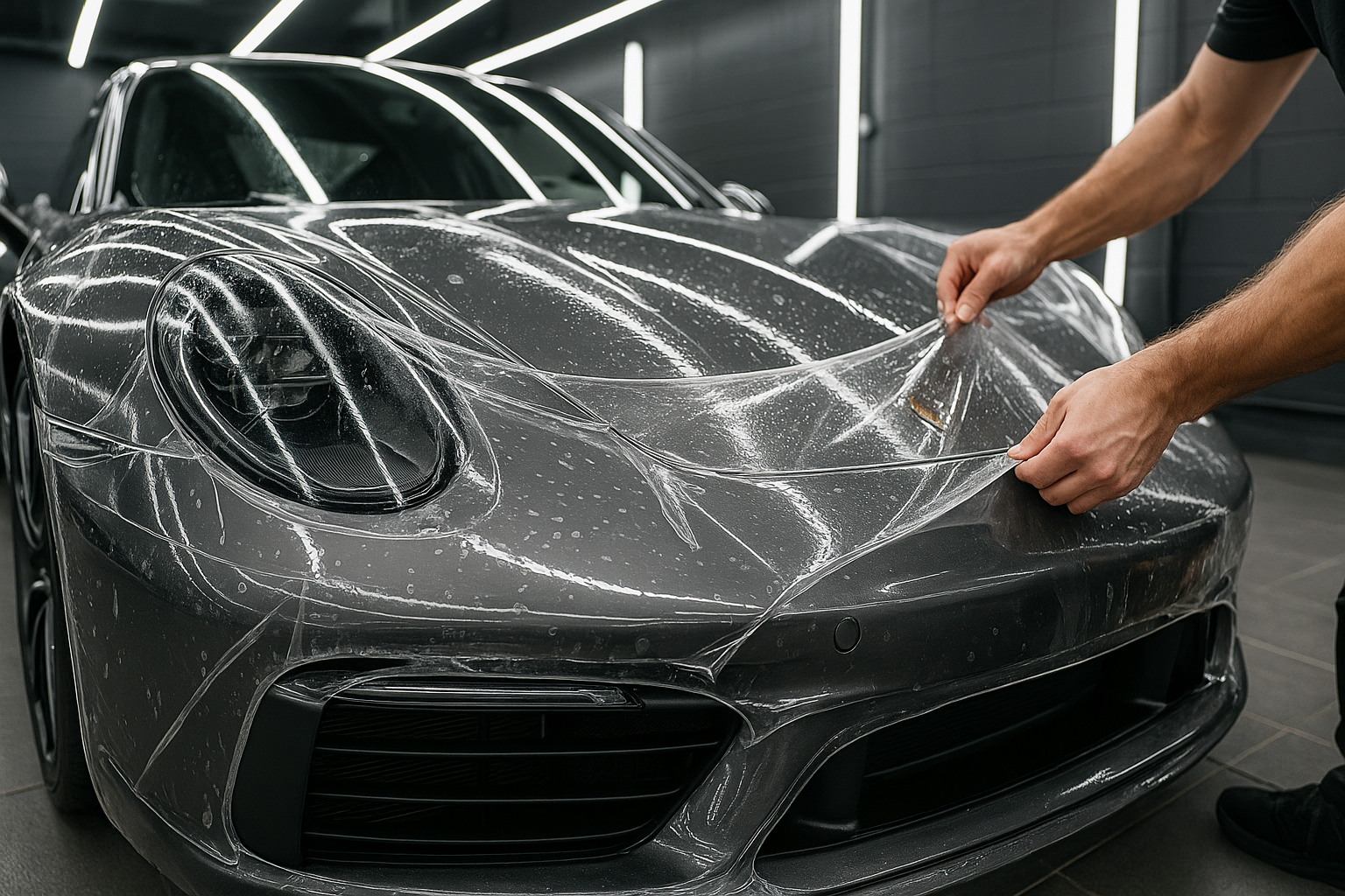 paint protection film installation on a super car with no human face